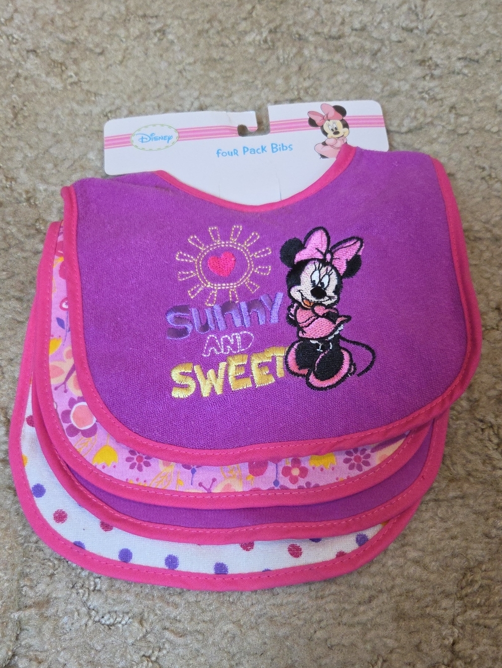 Disney Minnie Mouse Purple and Pink Bib Set - Sunny and Sweet Embroidery